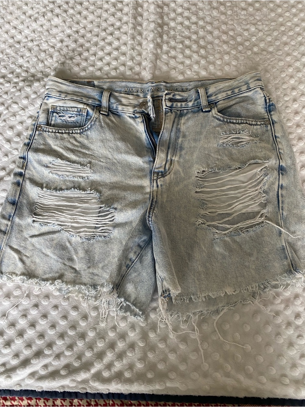 American Eagle - High Waisted Light Blue Wash Distressed Denim Shorts